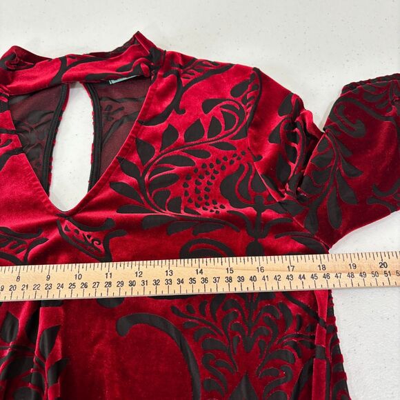 Karlie Red Burnout Velvet Top Women M Neck Cutout Floral Dark Fairy Romantic - Picture 7 of 9